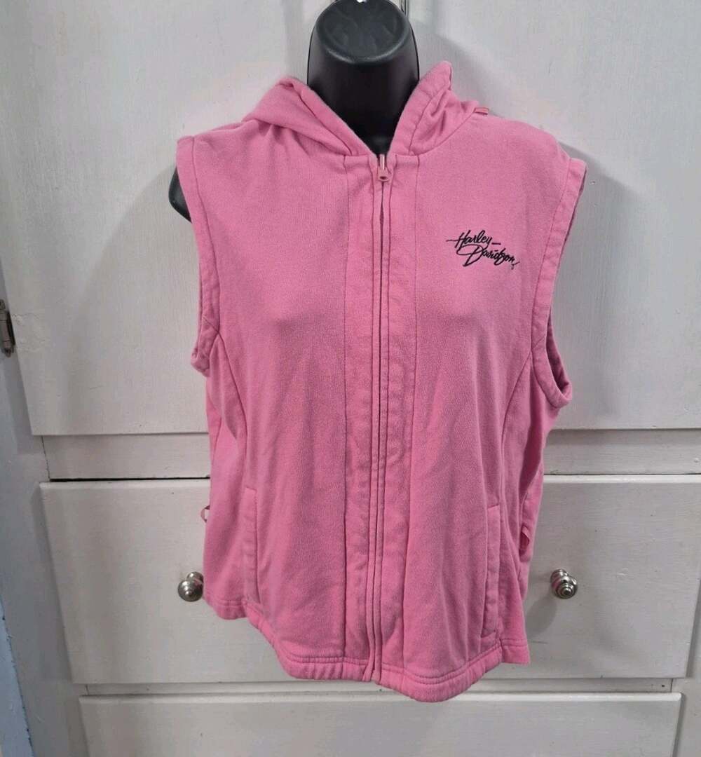 Vintage Harley Davidson Women’s XL Pink Sleeveless Hoodie Vest Full Zip